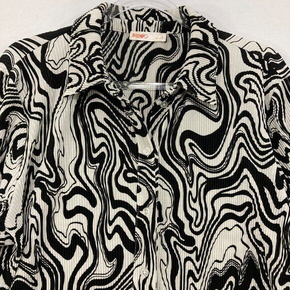 Intempo Large Black White Abstract Artsy Pleated Textured Relaxed Button Down - Picture 3 of 11